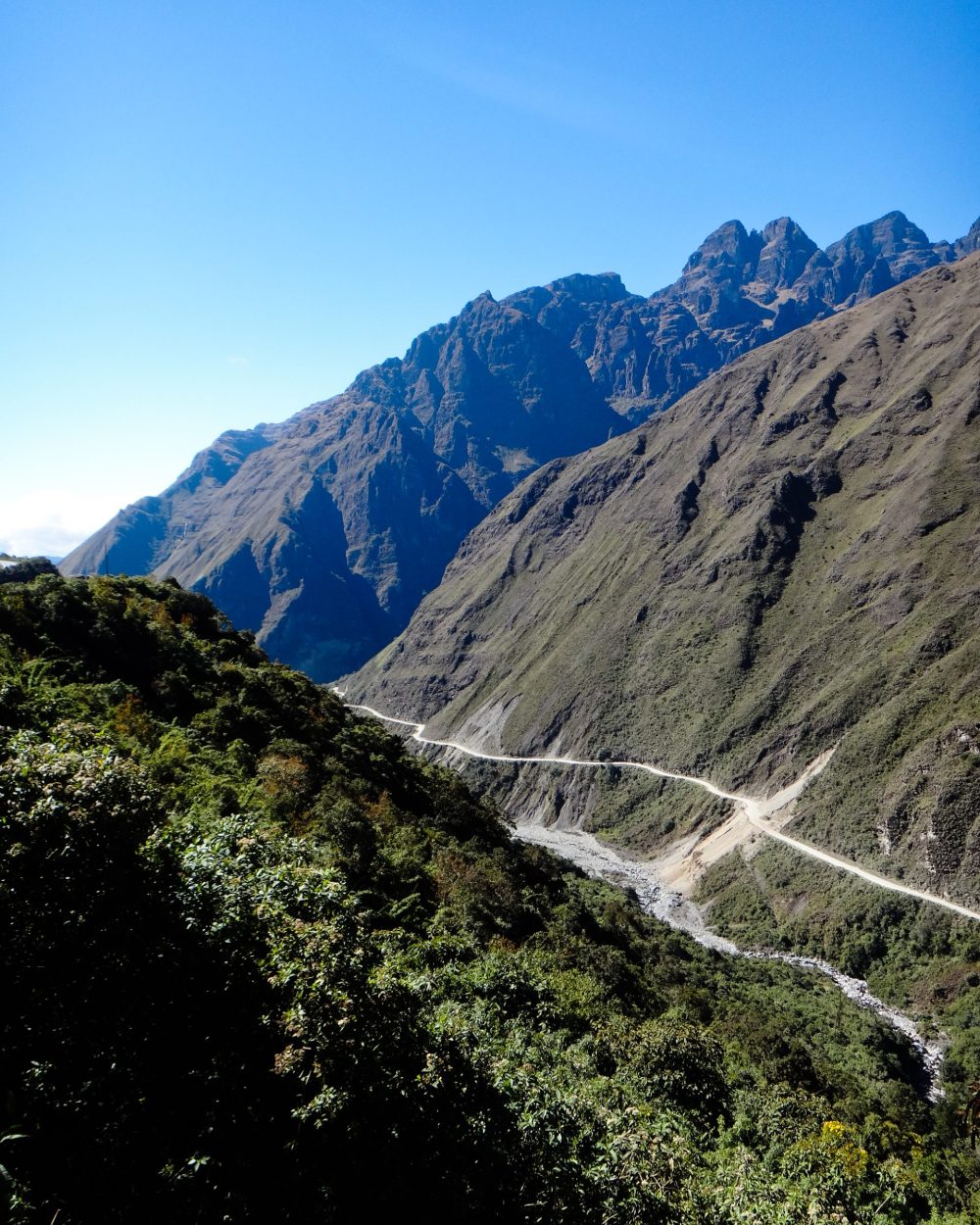 La Route de la Mort taillée à flanc de montagne, vue depuis la végétation des Yungas, Bolivie